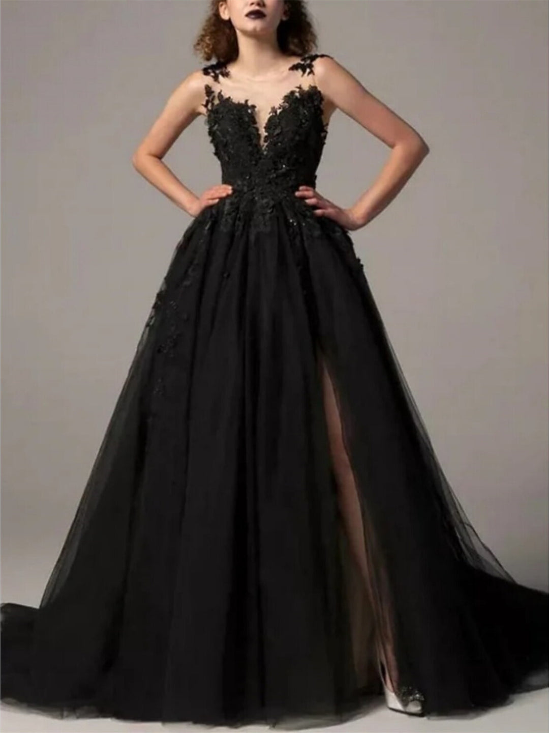 A-Line/Princess Illusion Neck Sleeveless Evening Dresses With Pleats Slit Appliques BabaMila