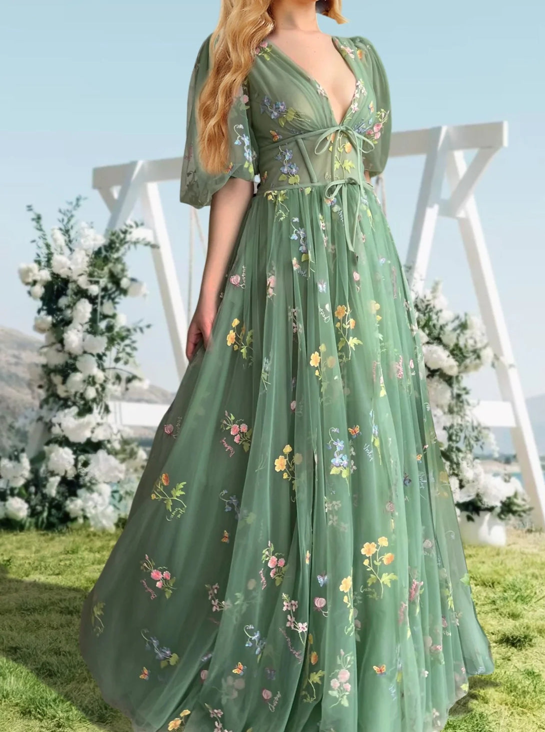 A-Line/Princess V-Neck Short Sleeves Floral Long Formal Prom Dresses With Flowers BabaMila