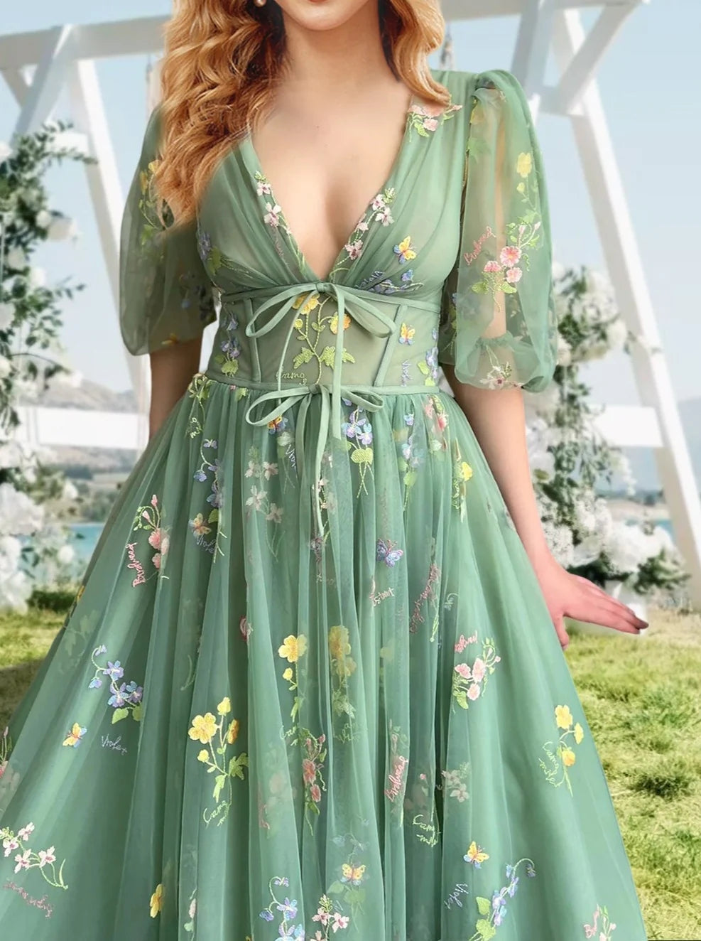 A-Line/Princess V-Neck Short Sleeves Floral Long Formal Prom Dresses With Flowers BabaMila
