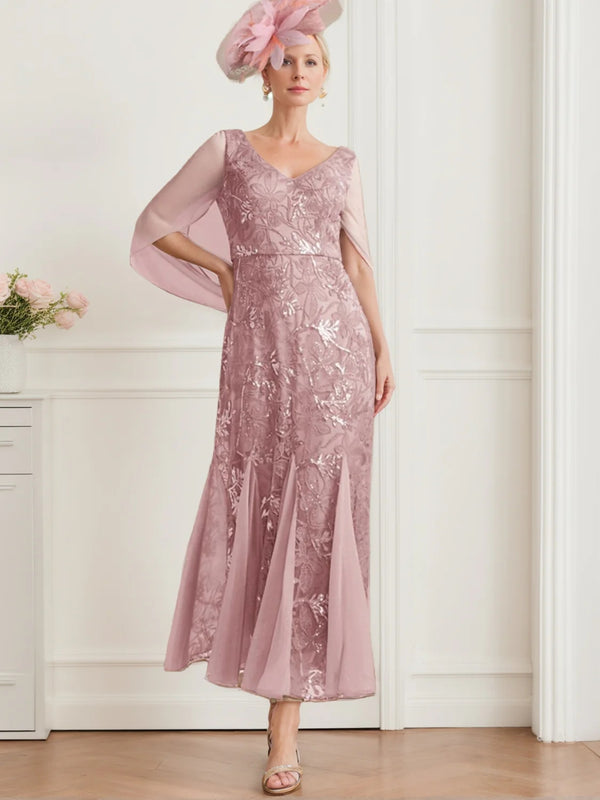 A-Line/Princess V-Neck Half Sleeves Ankle-Length Mother of the Bride Dresses with Solid Color & Lace BabaMila
