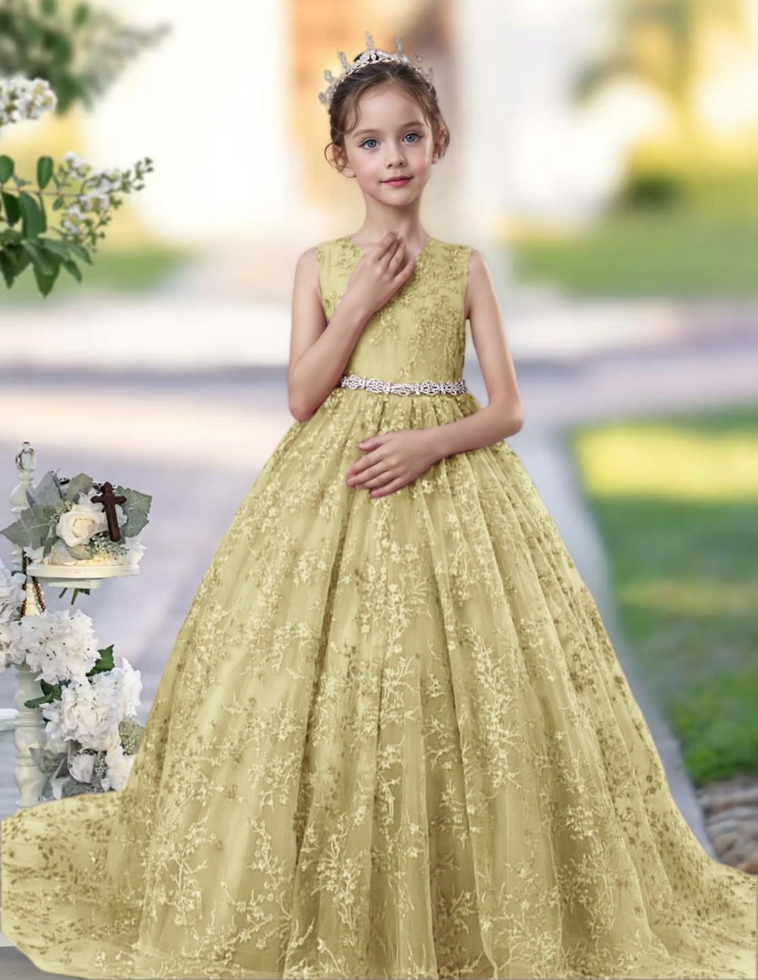 Princess Lace/Tulle Sweep Train Girl's Dress Ball-Gown Scoop Floor-Length Dusty Rose Flower Girl Dress Girls Gidiondress