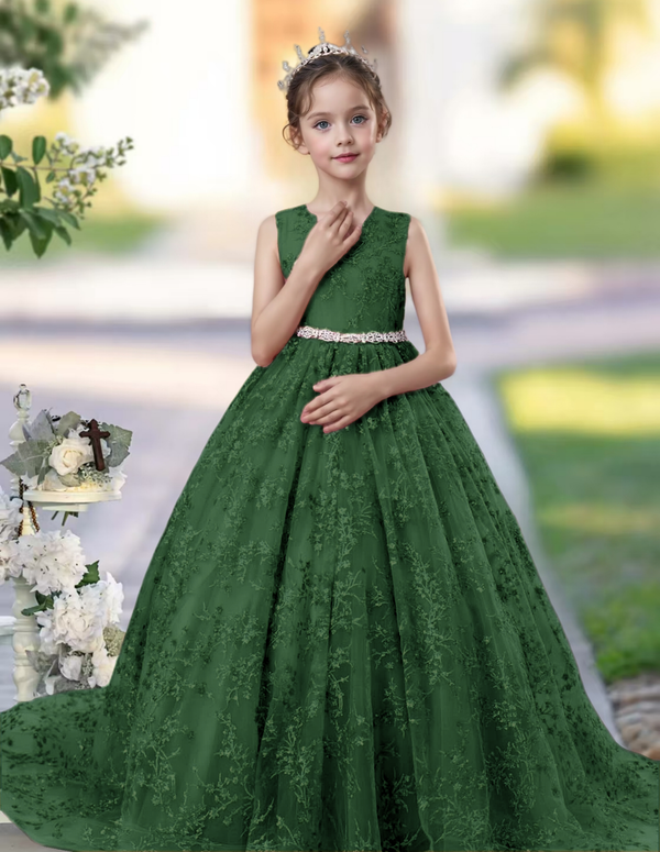 Princess Lace/Tulle Sweep Train Girl's Dress Ball-Gown Scoop Floor-Length Dusty Rose Flower Girl Dress Girls Gidiondress Dark Green 12M
