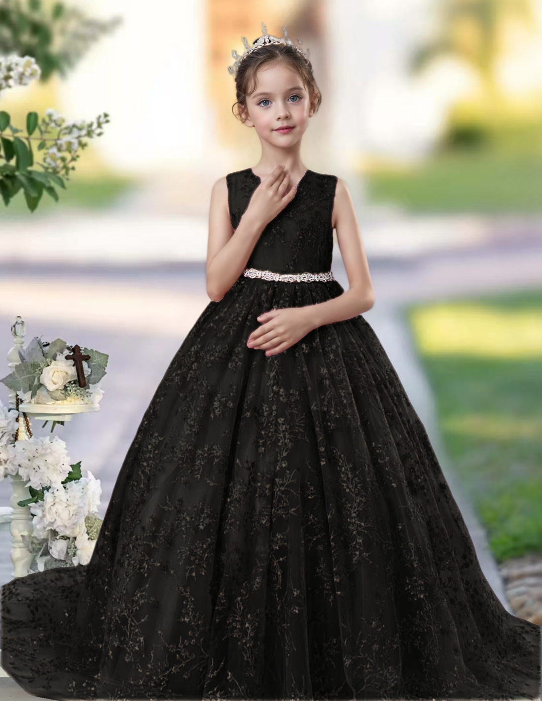 Princess Lace/Tulle Sweep Train Girl's Dress Ball-Gown Scoop Floor-Length Dusty Rose Flower Girl Dress Girls Gidiondress Black 12M