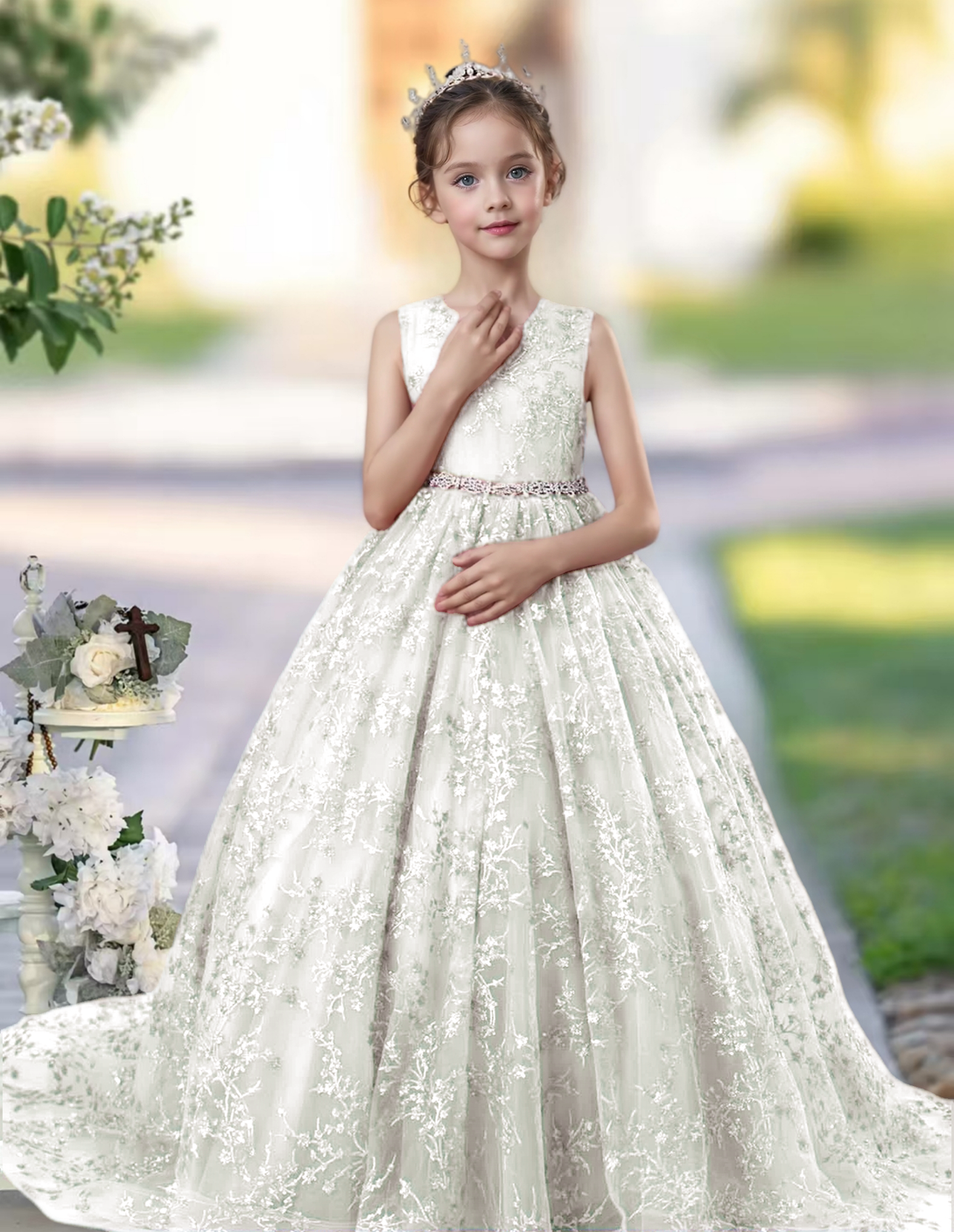 Princess Lace/Tulle Sweep Train Girl's Dress Ball-Gown Scoop Floor-Length Dusty Rose Flower Girl Dress Girls Gidiondress