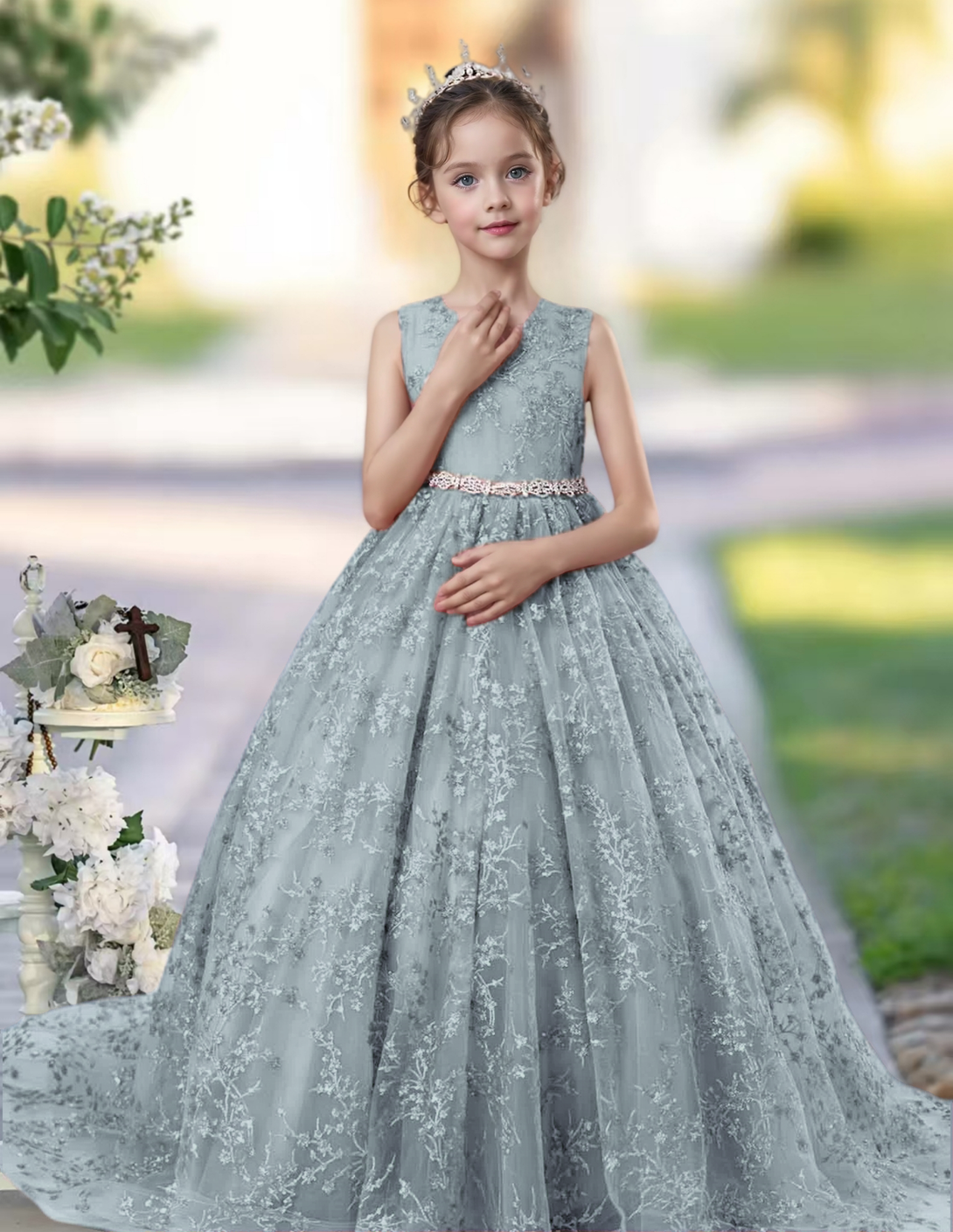 Princess Lace/Tulle Sweep Train Girl's Dress Ball-Gown Scoop Floor-Length Dusty Rose Flower Girl Dress Girls Gidiondress