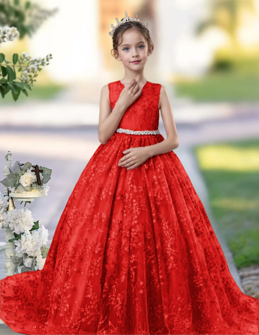 Princess Lace/Tulle Sweep Train Girl's Dress Ball-Gown Scoop Floor-Length Dusty Rose Flower Girl Dress Girls Gidiondress Red 12M