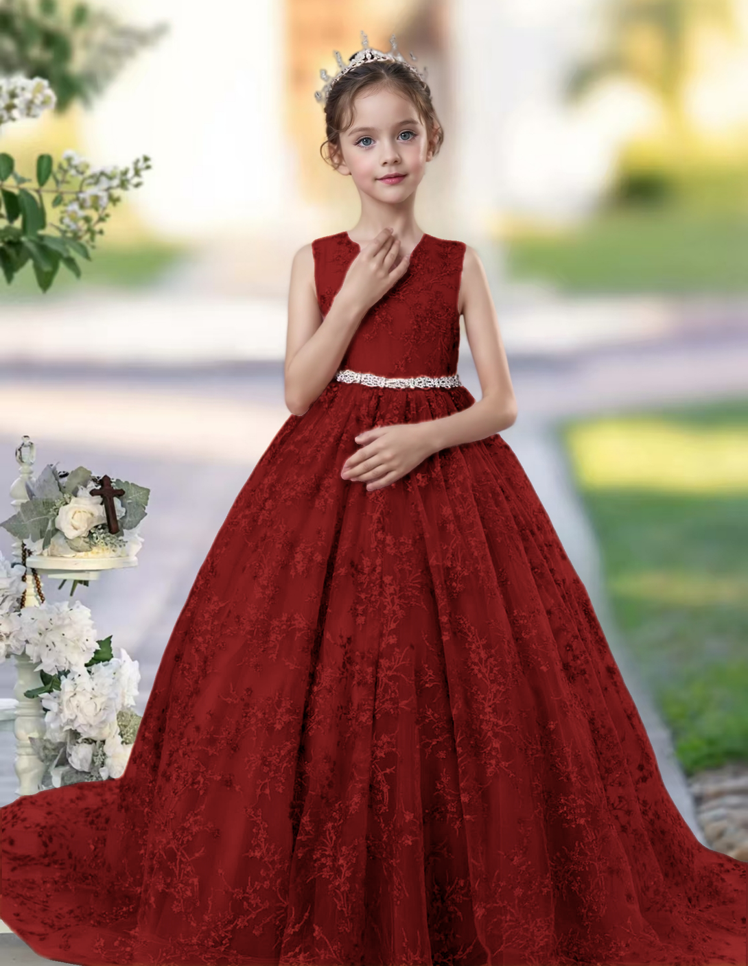 Princess Lace/Tulle Sweep Train Girl's Dress Ball-Gown Scoop Floor-Length Dusty Rose Flower Girl Dress Girls Gidiondress