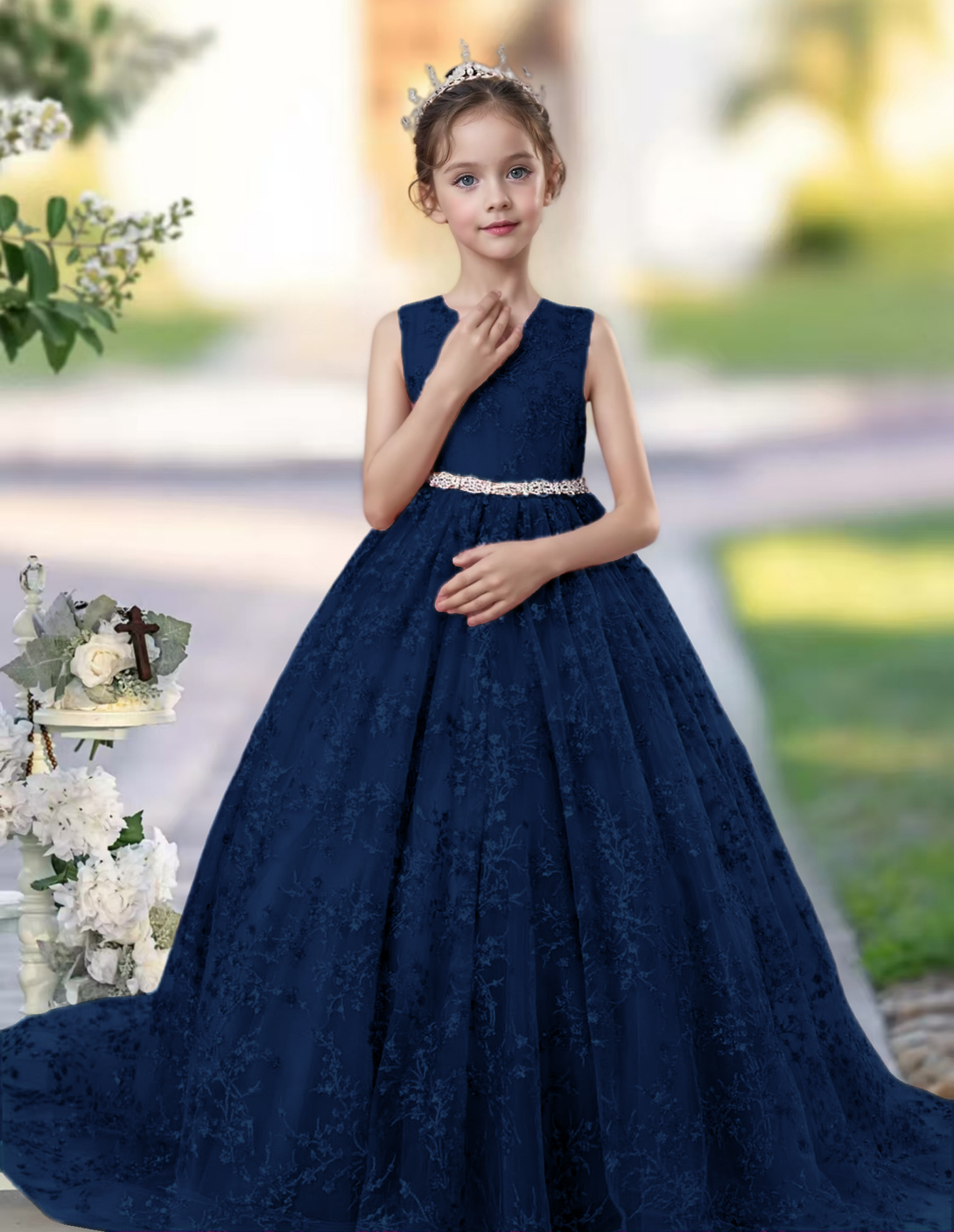 Princess Lace/Tulle Sweep Train Girl's Dress Ball-Gown Scoop Floor-Length Dusty Rose Flower Girl Dress Girls Gidiondress