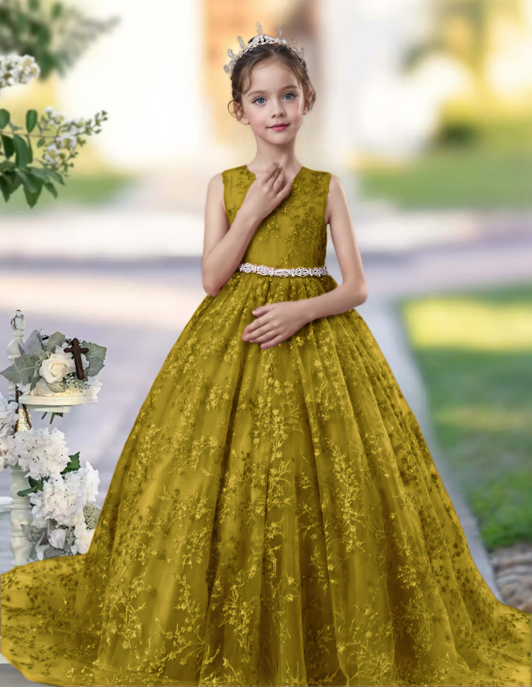Princess Lace/Tulle Sweep Train Girl's Dress Ball-Gown Scoop Floor-Length Dusty Rose Flower Girl Dress Girls Gidiondress