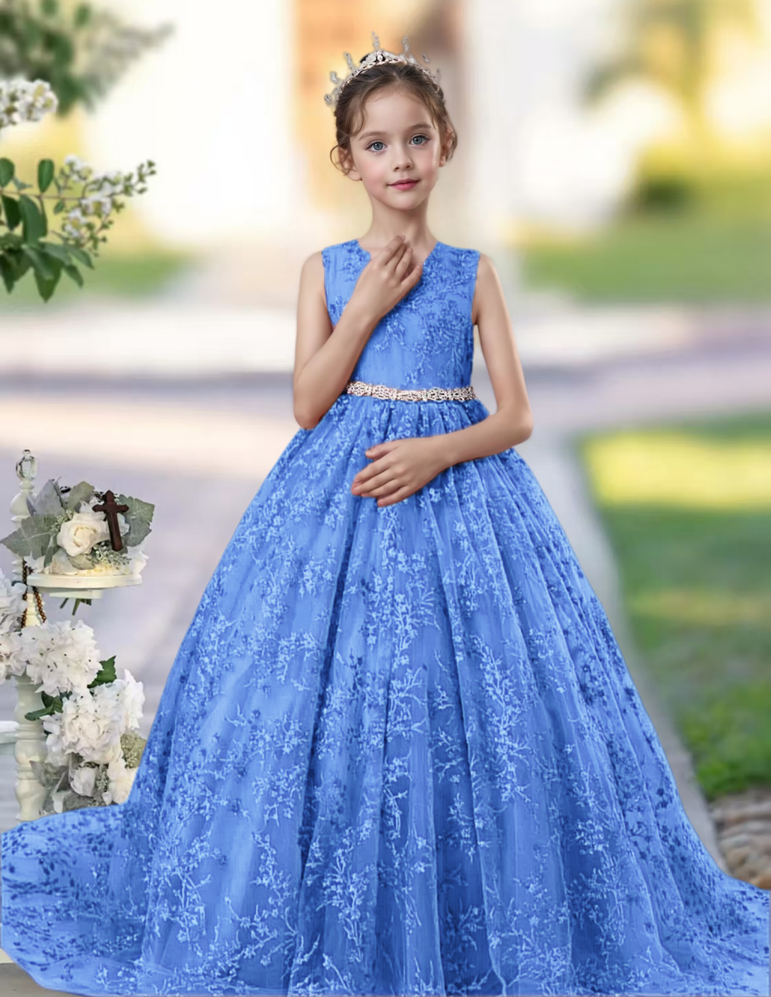 Princess Lace/Tulle Sweep Train Girl's Dress Ball-Gown Scoop Floor-Length Dusty Rose Flower Girl Dress Girls Gidiondress
