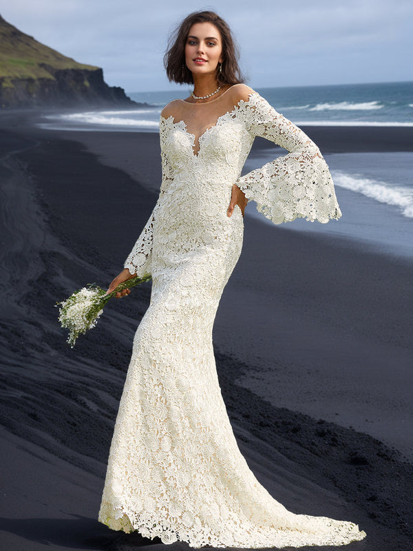 Trumpet/Mermaid Scoop Neck Long Sleeves Floor-length Wedding Dress with Lace Appliques BabaMila