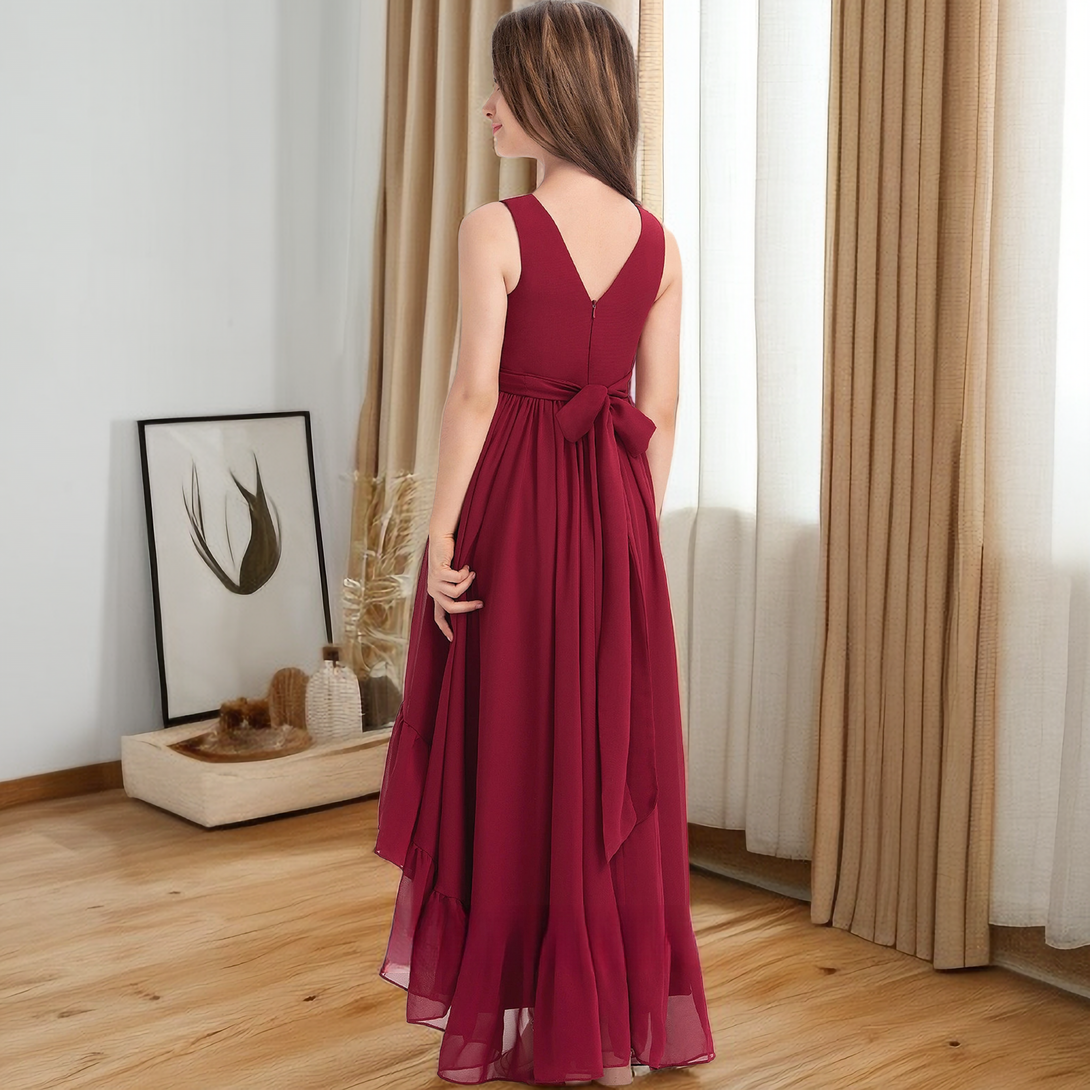 V-Neck Sleeveless Asymmetrical Chiffon Junior Bridesmaid Dress/Girls Birthday Dresses With Pleated/Belt Girls Gidiondress