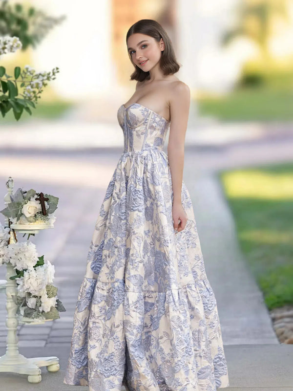 A-Line Sweetheart Floral Printed Long Prom Dresses BabaMila