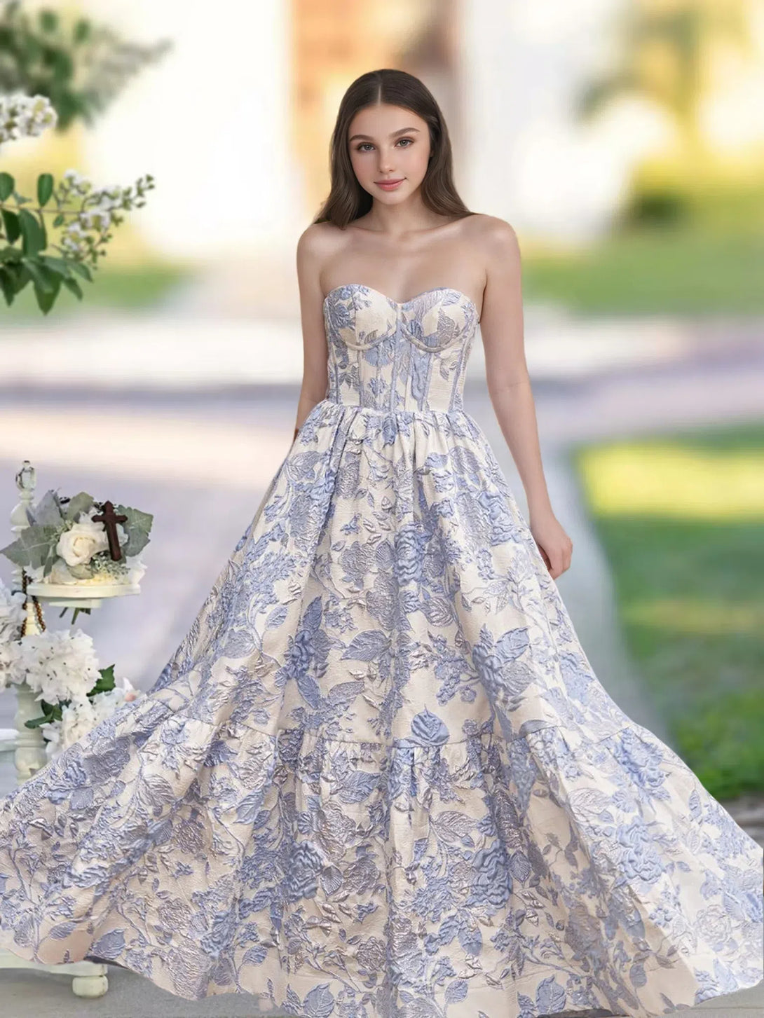 A-Line Sweetheart Floral Printed Long Prom Dresses BabaMila