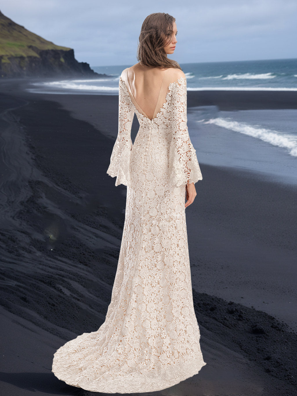 Trumpet/Mermaid Scoop Neck Long Sleeves Floor-length Wedding Dress with Lace Appliques BabaMila