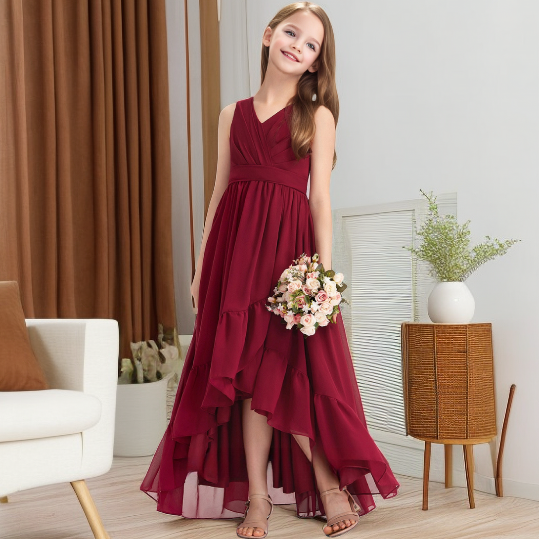 V-Neck Sleeveless Asymmetrical Chiffon Junior Bridesmaid Dress/Girls Birthday Dresses With Pleated/Belt Girls Gidiondress