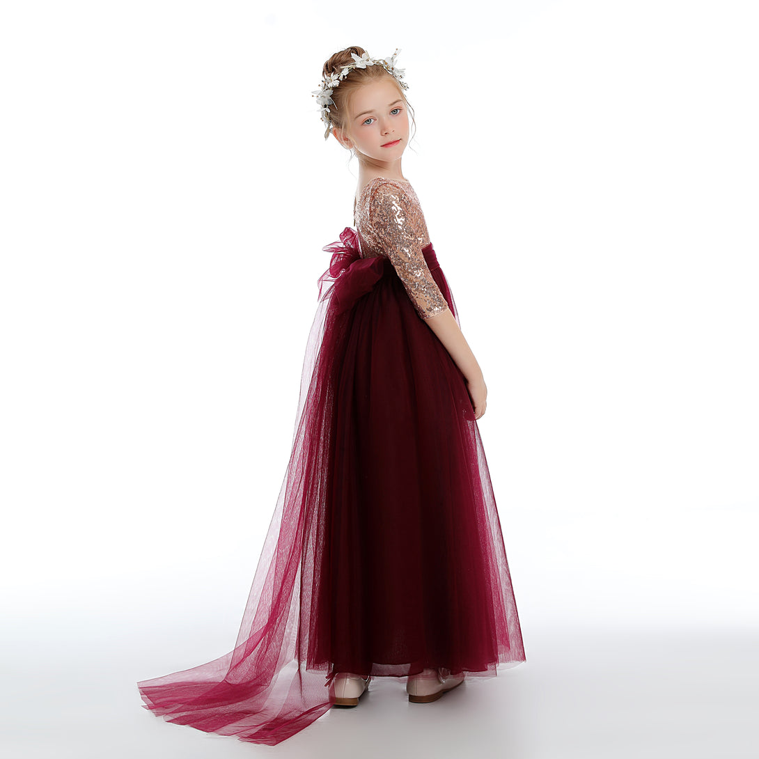 Half Sleeve Boat Neck Floor-Length Sequins/Tulle Flower Girl Dresses With Detachable Girls Gidiondress