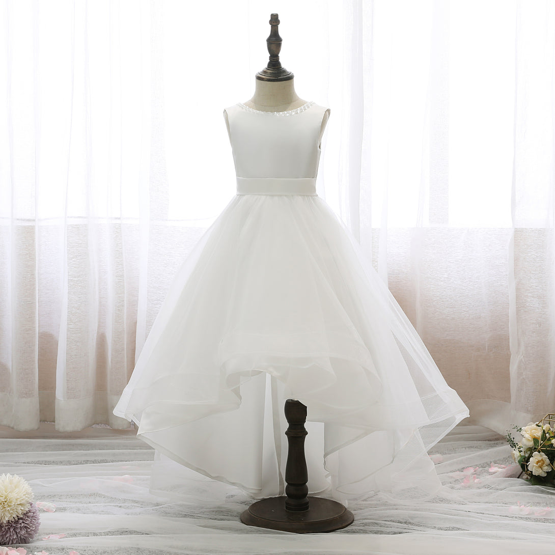 Boat Neck Sleeveless Tea-Length Satin/Tulle Asymmetrical Flower Girl Dresses With Beads/Belt/Bow Girls Gidiondress