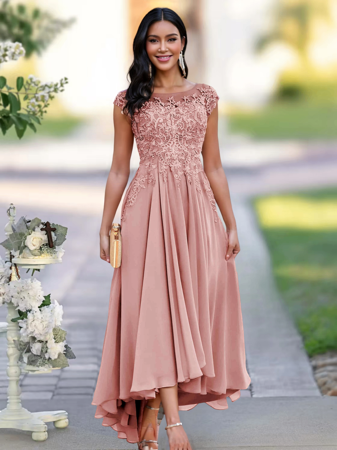 A-line Illusion Neckline Cap Sleeves Lace Appliques Chiffon Mother Of The Bride Dress BabaMila