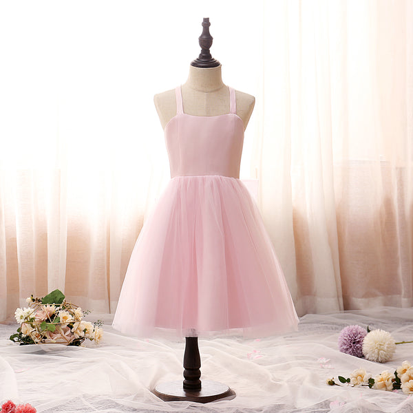 Square Neck Sleeveless Knee-Length Satin/Tulle Girls Birthday Dresses With Bow Girls Gidiondress