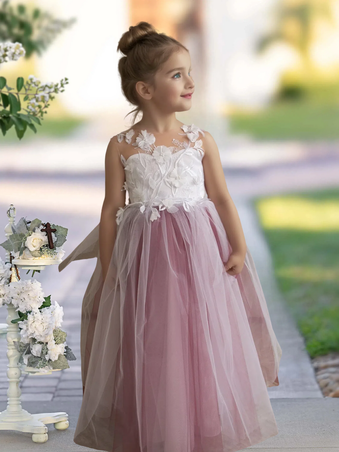 Scoop Neck Sleeveless Floor-Length Detachable Tulle Flower Girl Dresses With 3D Flower/Appliques Girls Gidiondress