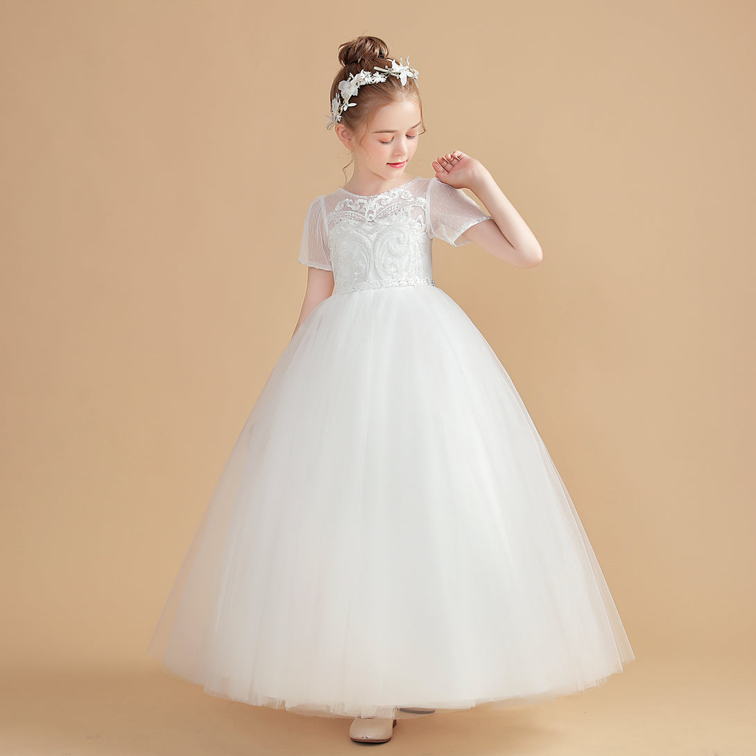 Ball Gown Short Sleeve Scoop Neck Floor-Length Tulle/Lace Flower Girl Dresses/First Communion Dress With Appliques/Beads Girls Gidiondress