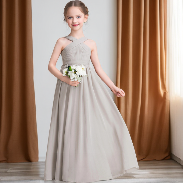 Simple Halter Sleeveless Floor-Length Chiffon Junior Bridesmaid Dress/Girls Birthday Dresses With Pleated/Belt Girls Gidiondress