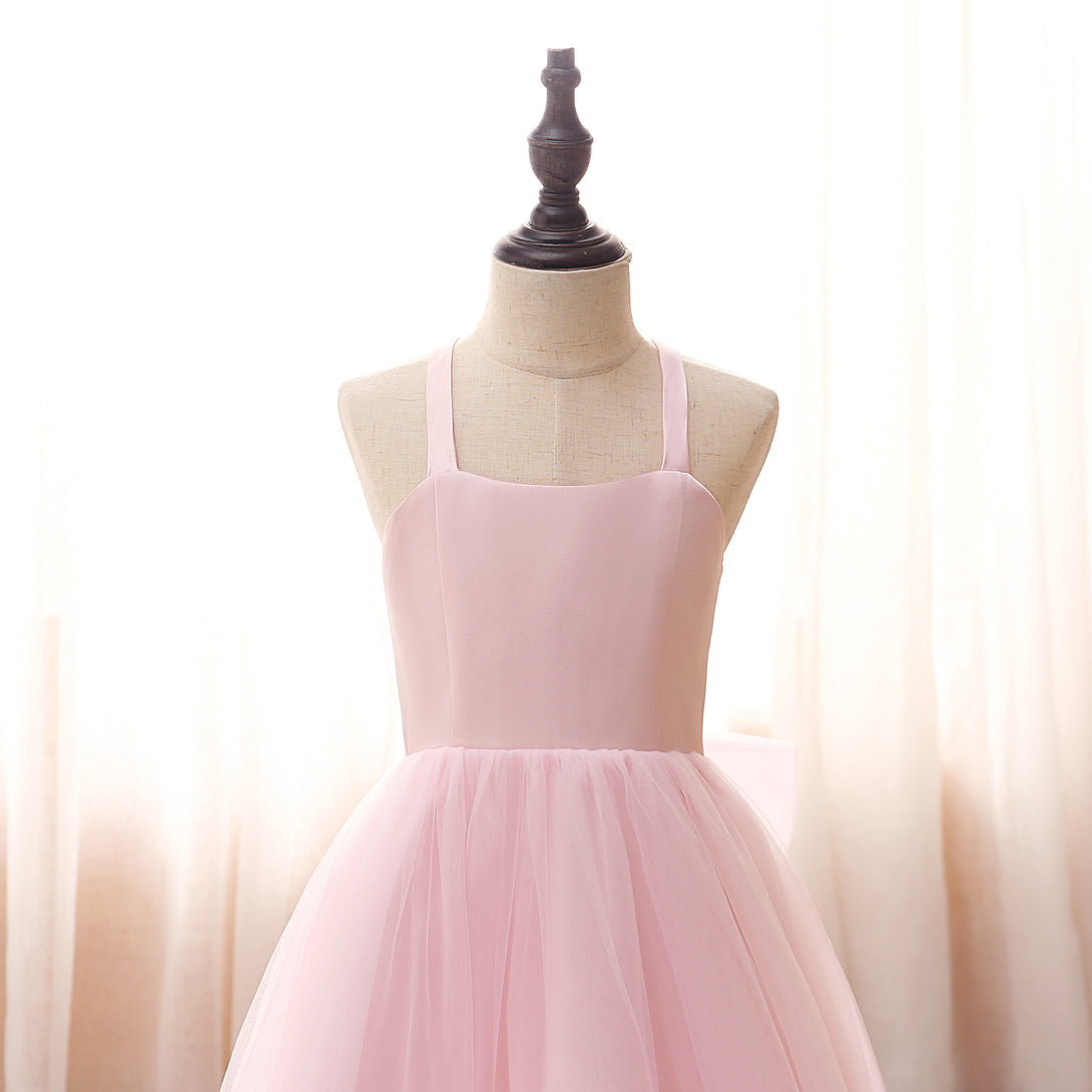 Square Neck Sleeveless Knee-Length Satin/Tulle Girls Birthday Dresses With Bow Girls Gidiondress
