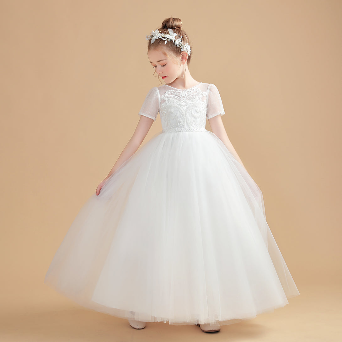Ball Gown Short Sleeve Scoop Neck Floor-Length Tulle/Lace Flower Girl Dresses/First Communion Dress With Appliques/Beads Girls Gidiondress