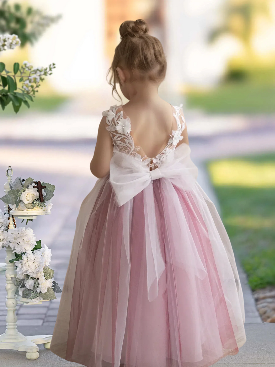 Scoop Neck Sleeveless Floor-Length Detachable Tulle Flower Girl Dresses With 3D Flower/Appliques Girls Gidiondress
