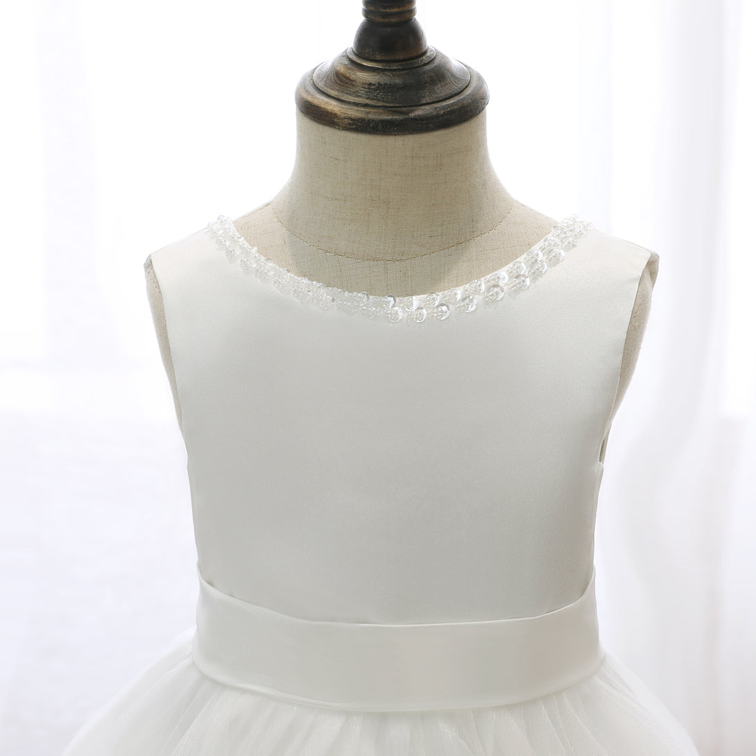 Boat Neck Sleeveless Tea-Length Satin/Tulle Asymmetrical Flower Girl Dresses With Beads/Belt/Bow Girls Gidiondress