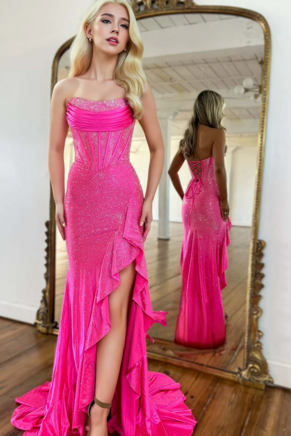 Fuchsia Off-the-Shoulder Tiered Long Prom Dress with Slit BabaMila