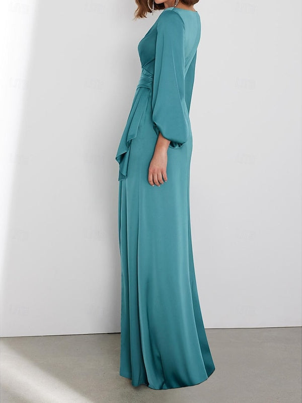 Sheath/Column Floor Length Long Sleeve V Neck Wedding Guest Dresses Tie Charmeuse with Ruched BabaMila