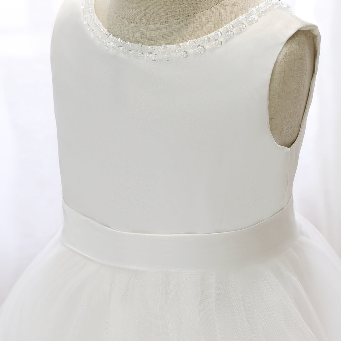 Boat Neck Sleeveless Tea-Length Satin/Tulle Asymmetrical Flower Girl Dresses With Beads/Belt/Bow Girls Gidiondress