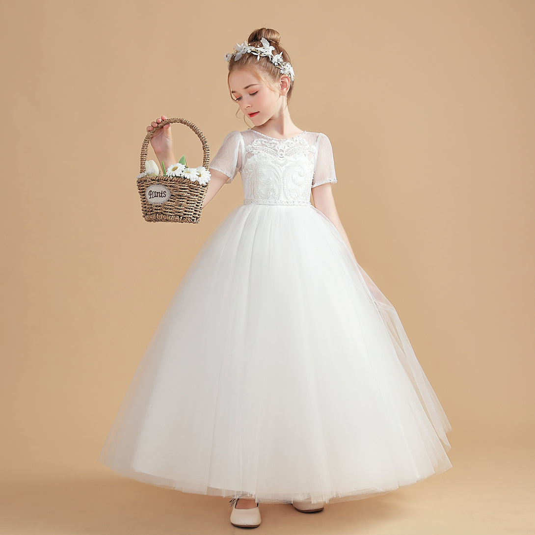 Ball Gown Short Sleeve Scoop Neck Floor-Length Tulle/Lace Flower Girl Dresses/First Communion Dress With Appliques/Beads Girls Gidiondress