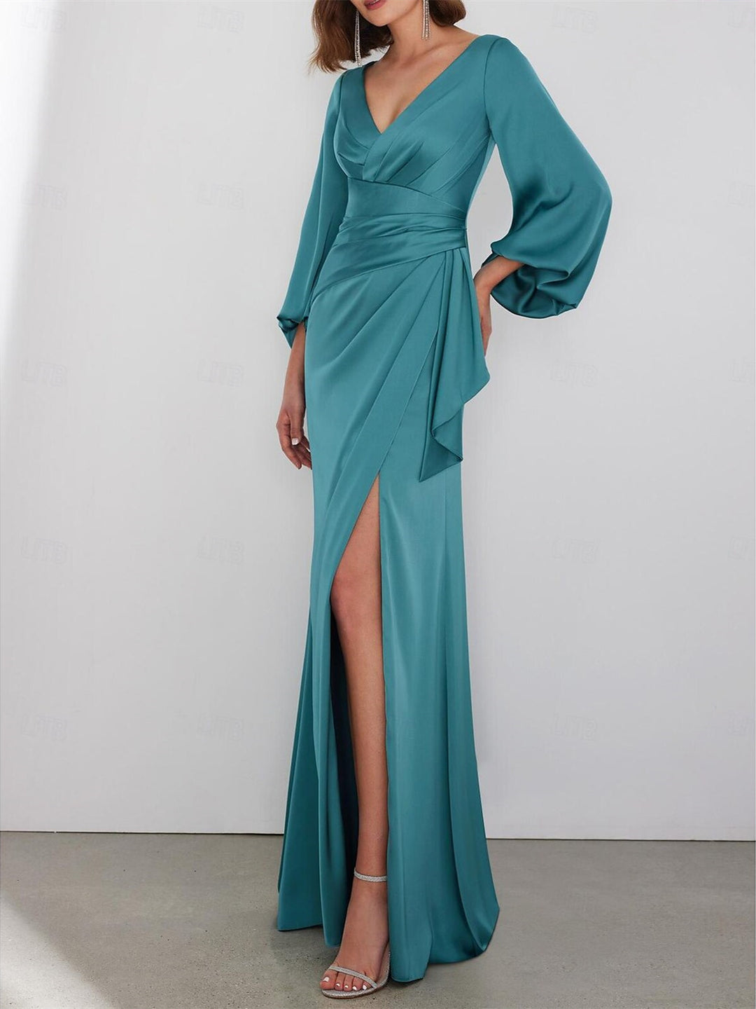 Sheath/Column Floor Length Long Sleeve V Neck Wedding Guest Dresses Tie Charmeuse with Ruched BabaMila