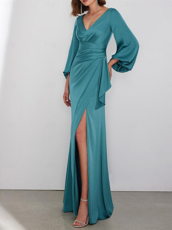 Sheath/Column Floor Length Long Sleeve V Neck Wedding Guest Dresses Tie Charmeuse with Ruched BabaMila