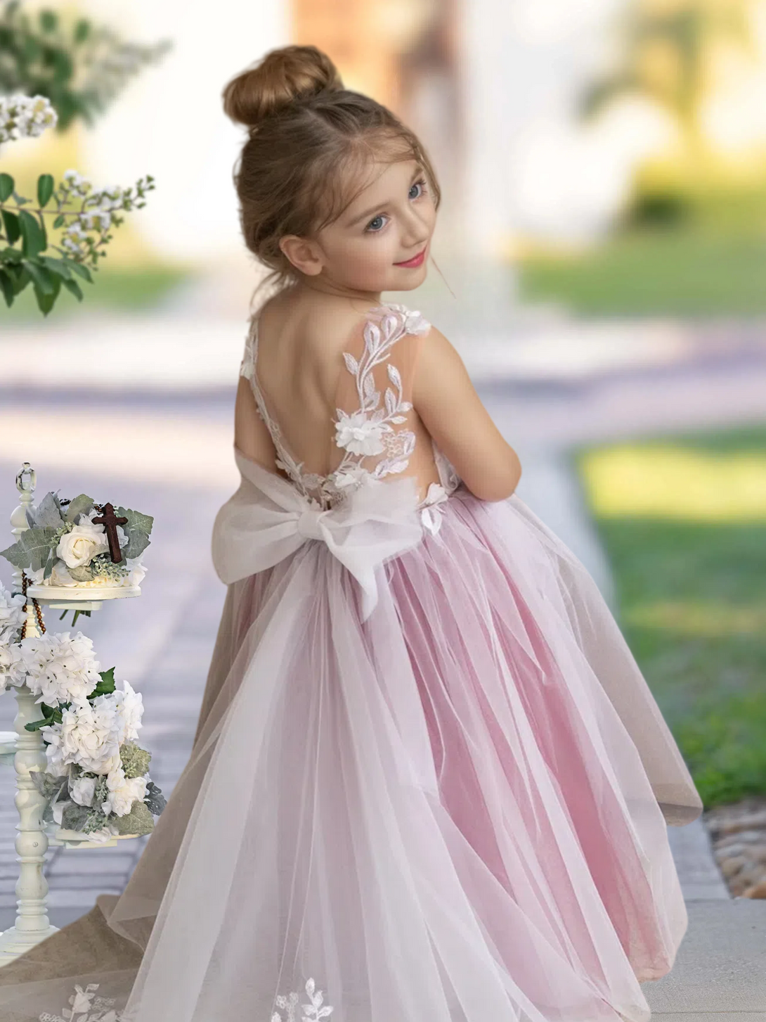 Scoop Neck Sleeveless Floor-Length Detachable Tulle Flower Girl Dresses With 3D Flower/Appliques Girls Gidiondress