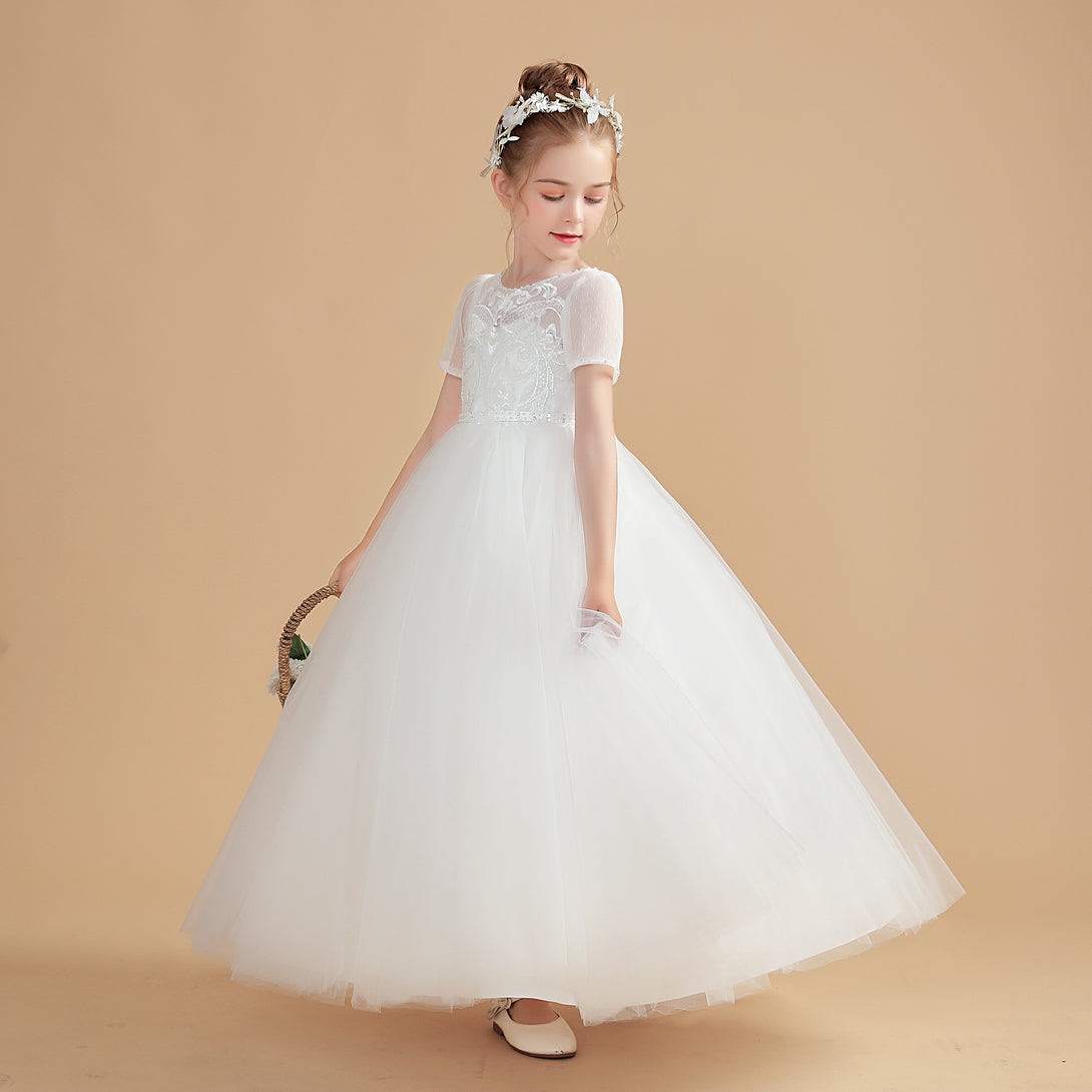 Ball Gown Short Sleeve Scoop Neck Floor-Length Tulle/Lace Flower Girl Dresses/First Communion Dress With Appliques/Beads Girls Gidiondress
