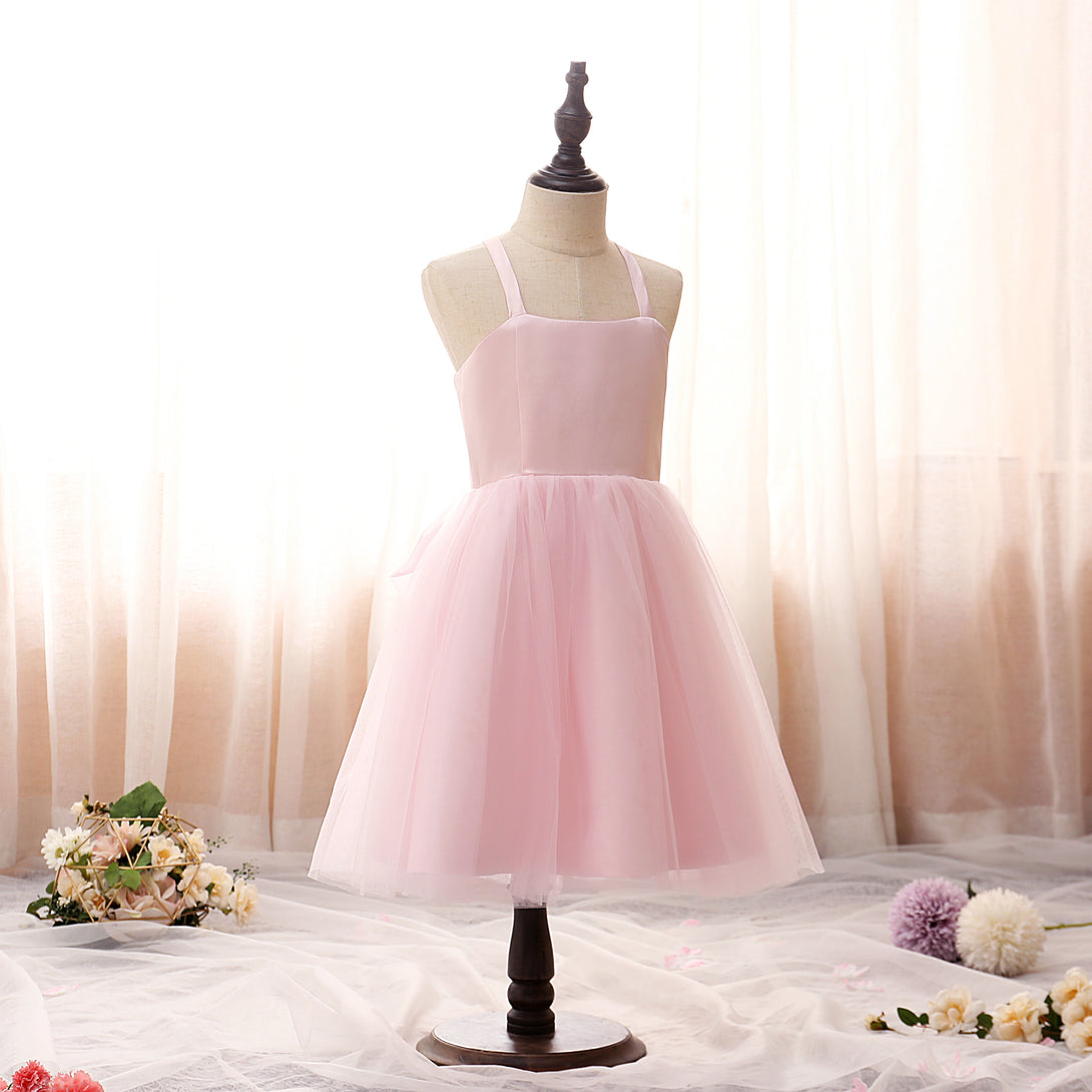 Square Neck Sleeveless Knee-Length Satin/Tulle Girls Birthday Dresses With Bow Girls Gidiondress