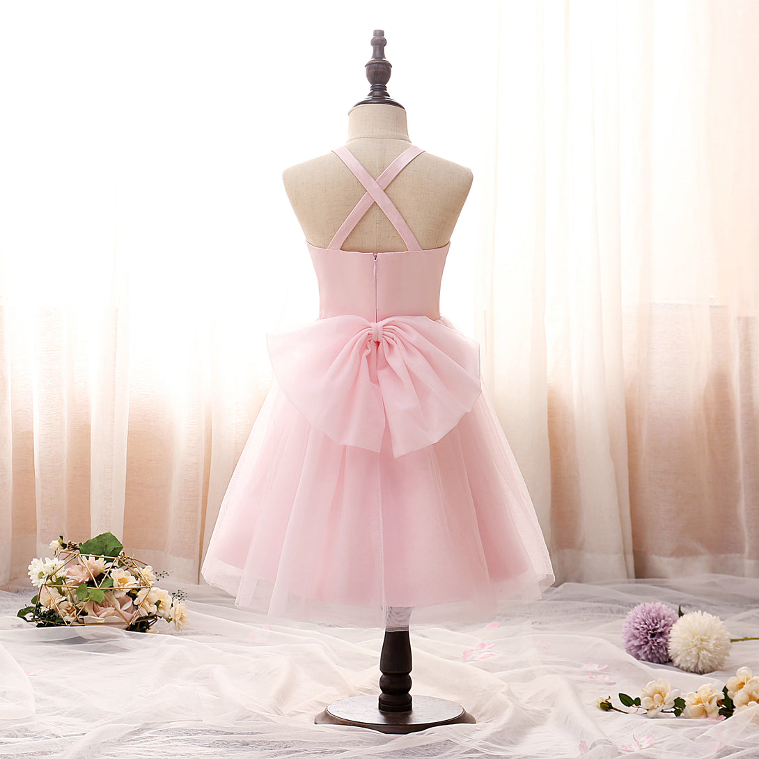 Square Neck Sleeveless Knee-Length Satin/Tulle Girls Birthday Dresses With Bow Girls Gidiondress