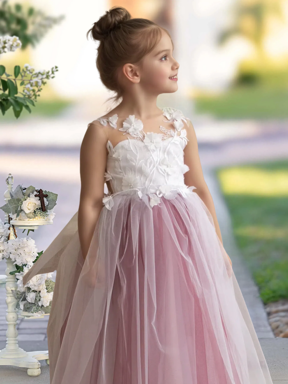 Scoop Neck Sleeveless Floor-Length Detachable Tulle Flower Girl Dresses With 3D Flower/Appliques Girls Gidiondress
