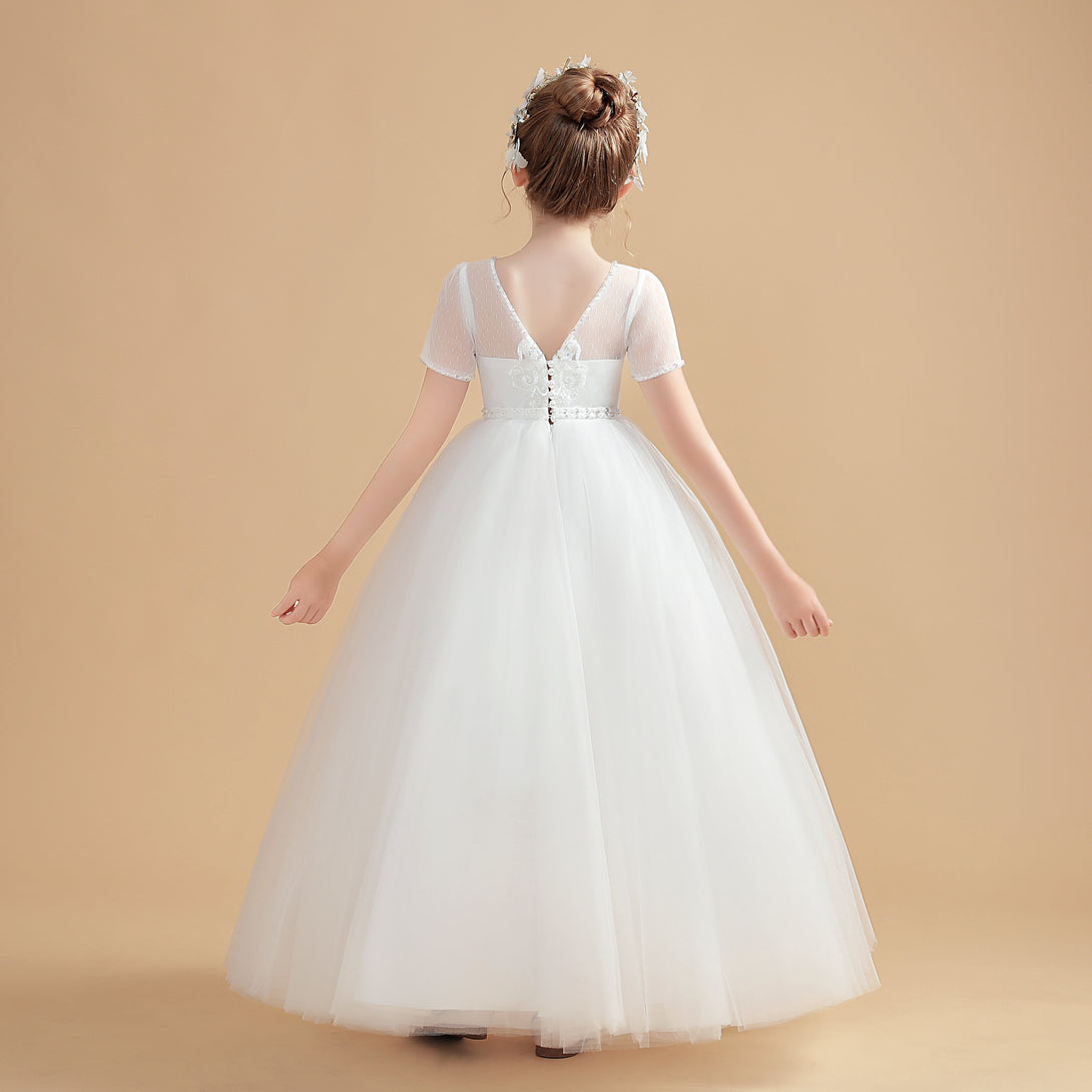 Ball Gown Short Sleeve Scoop Neck Floor-Length Tulle/Lace Flower Girl Dresses/First Communion Dress With Appliques/Beads Girls Gidiondress