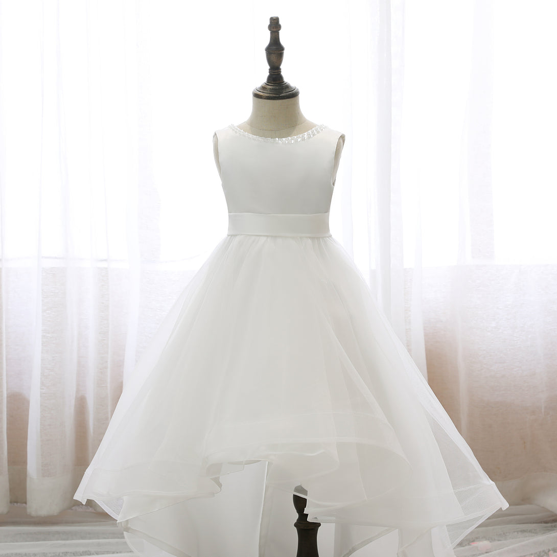 Boat Neck Sleeveless Tea-Length Satin/Tulle Asymmetrical Flower Girl Dresses With Beads/Belt/Bow Girls Gidiondress
