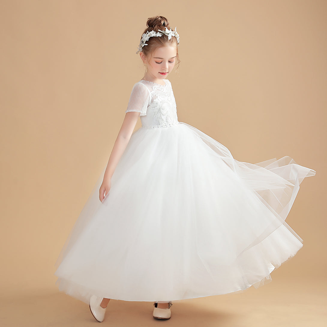 Ball Gown Short Sleeve Scoop Neck Floor-Length Tulle/Lace Flower Girl Dresses/First Communion Dress With Appliques/Beads Girls Gidiondress