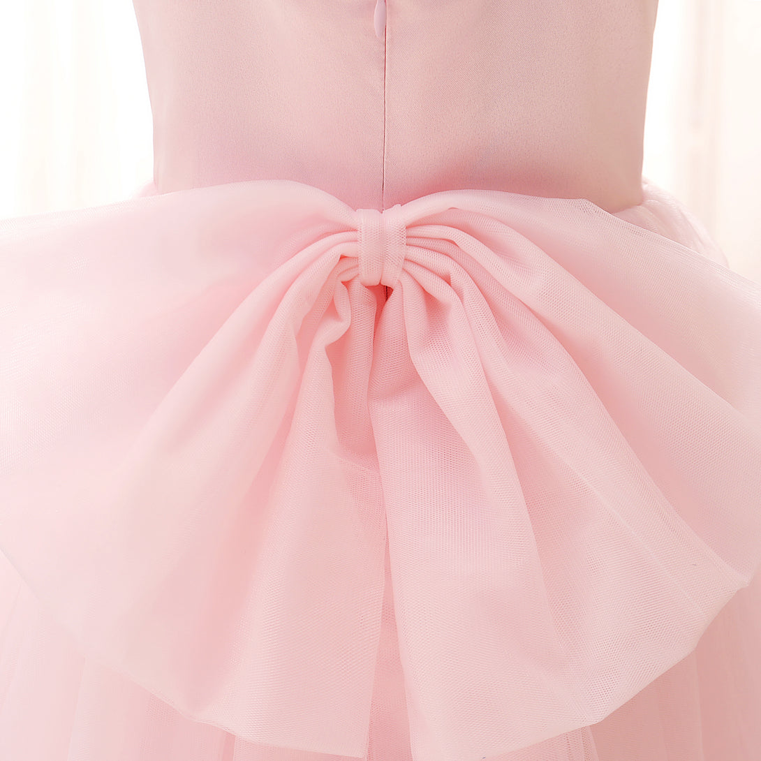 Square Neck Sleeveless Knee-Length Satin/Tulle Girls Birthday Dresses With Bow Girls Gidiondress