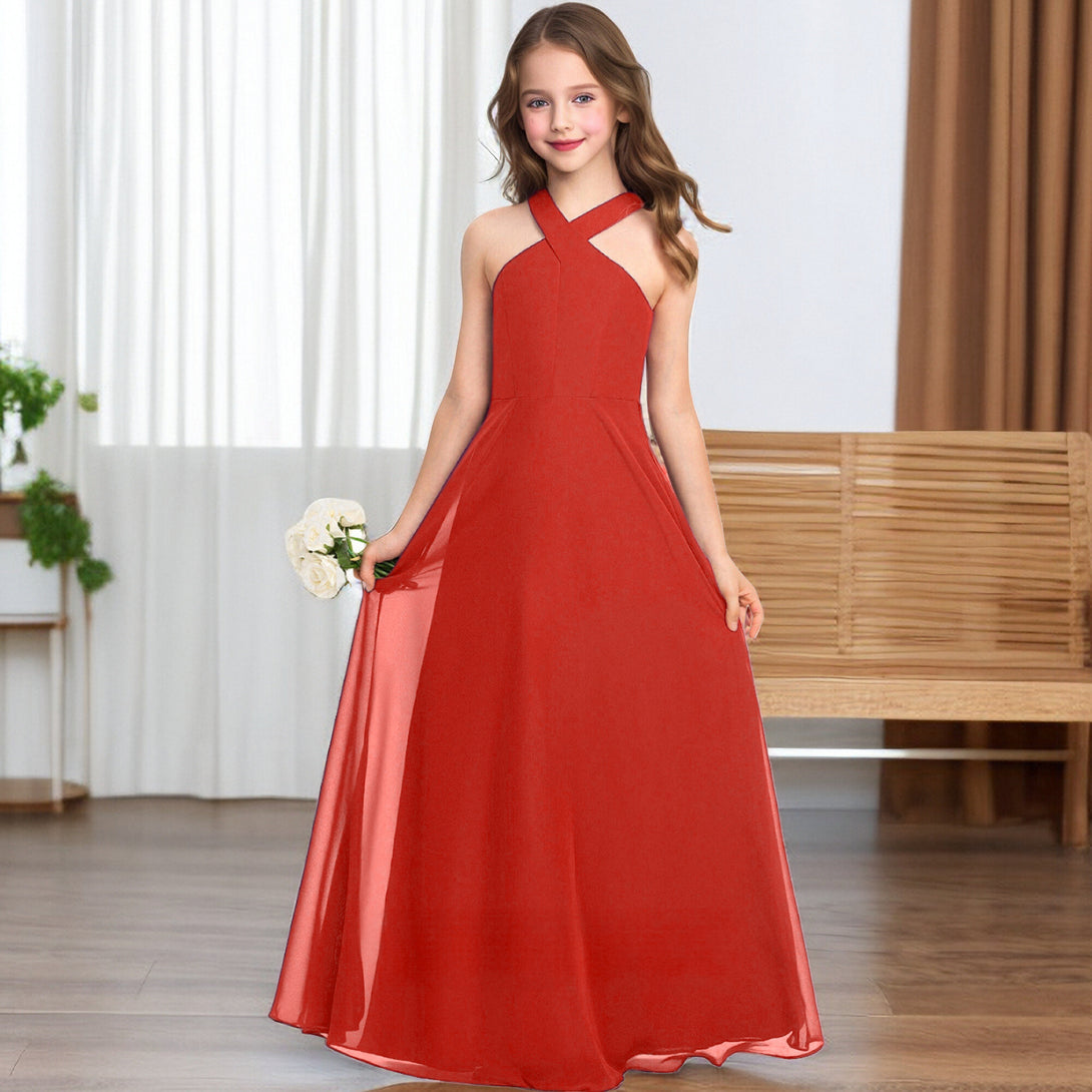 Crisscross Halter Red Chiffon Junior Bridesmaid Dress Gidiondress Red 12M