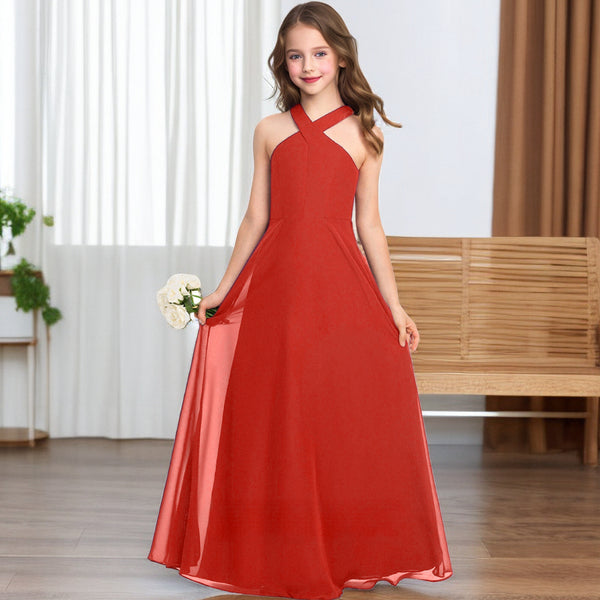 Crisscross Halter Red Chiffon Junior Bridesmaid Dress Gidiondress