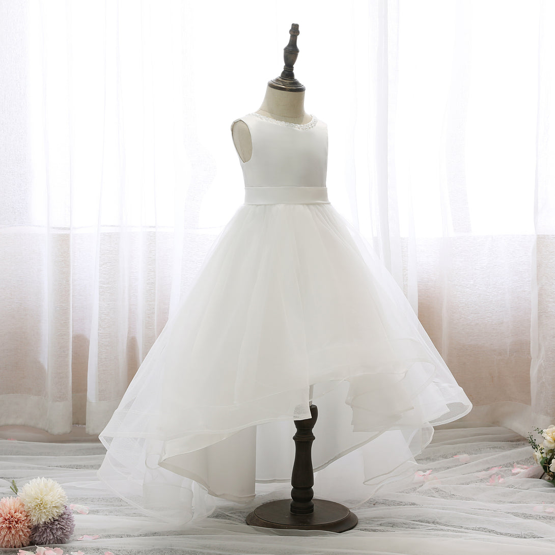 Boat Neck Sleeveless Tea-Length Satin/Tulle Asymmetrical Flower Girl Dresses With Beads/Belt/Bow Girls Gidiondress