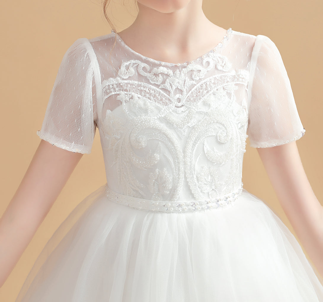 Ball Gown Short Sleeve Scoop Neck Floor-Length Tulle/Lace Flower Girl Dresses/First Communion Dress With Appliques/Beads Girls Gidiondress